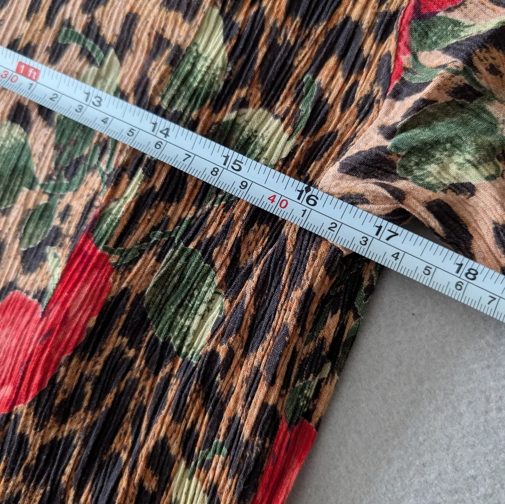 Vintage 90s Leopard and Rose Print Crinkle Rayon Midi Dress 70s Inspired Sz S - Picture 9 of 14